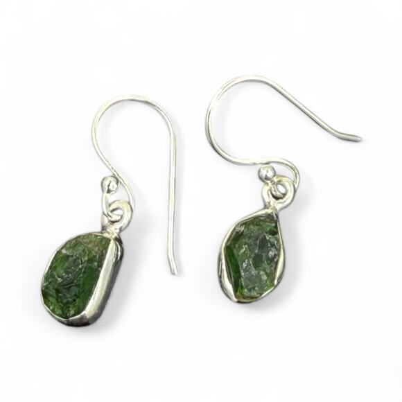 Raw Chrome Diopside Dangle Earrings 925 Sterling Silver Green Handmade - Picture 4 of 6